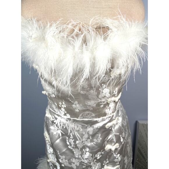 Sau Lee Jayde Sateen Jacquard Feather Hem Ivory White Mini Dress Size 14 - Picture 4 of 13